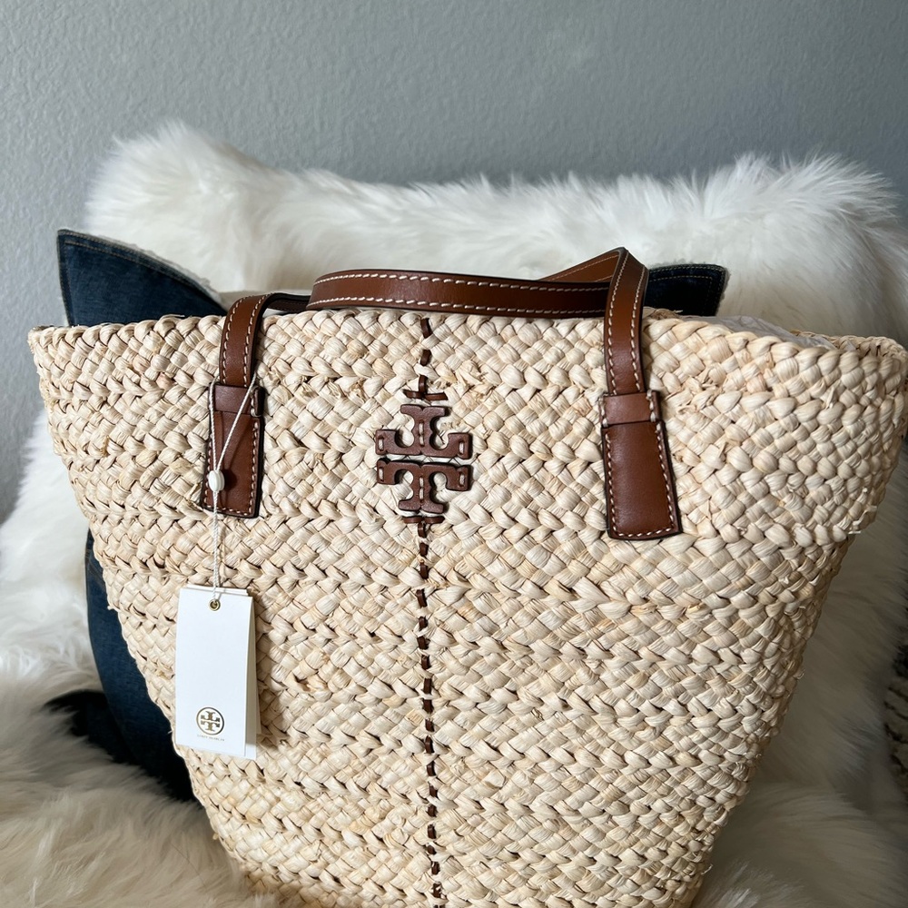 Tory Burch Natural Woven Tote with Brown Accents